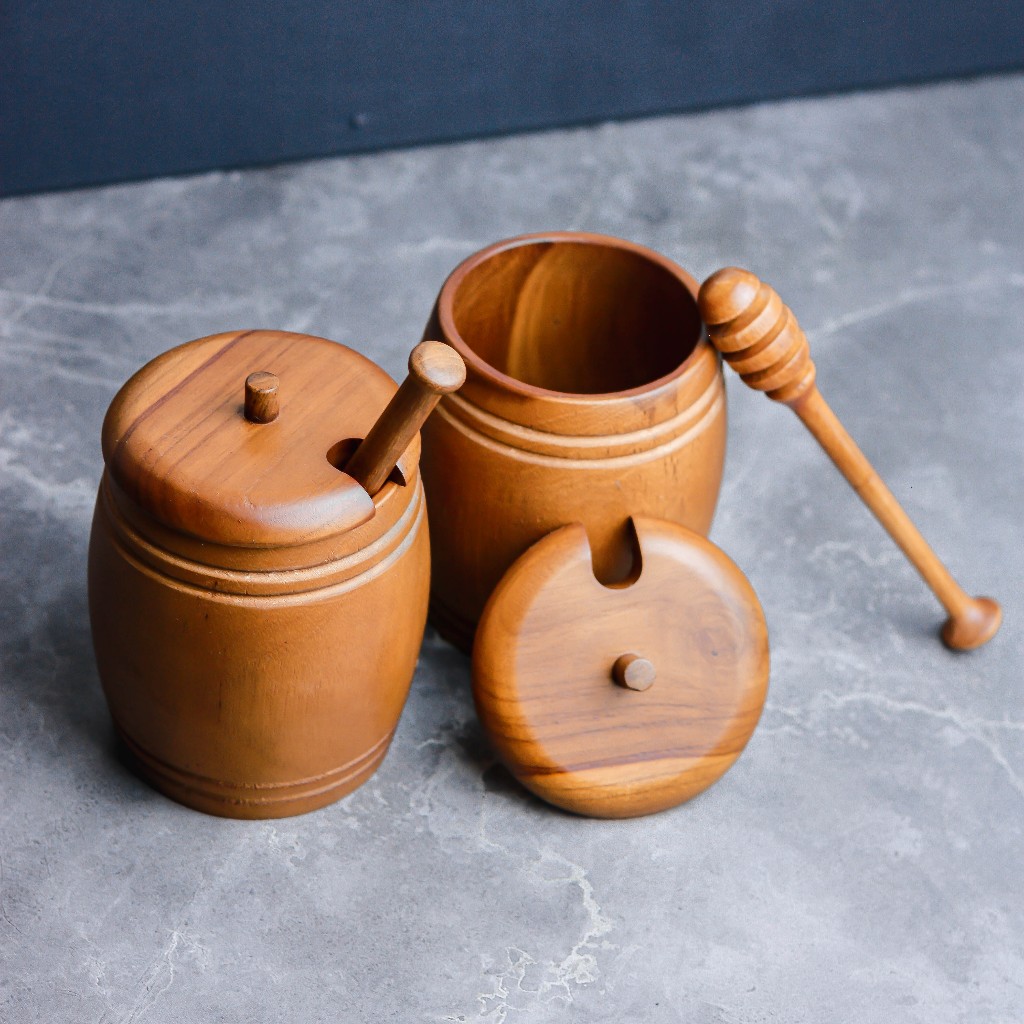 Suradi Tempat Madu Kayu Jati / Toples Madu Kayu Jati / Sendok Madu Kayu Jati / Tutup Madu Kayu Jati 
