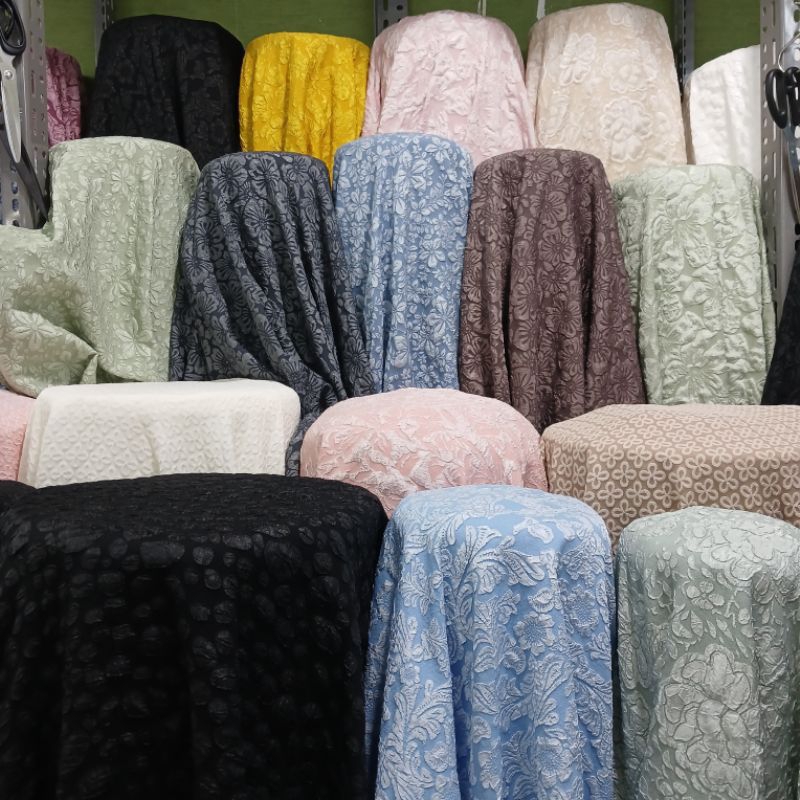 harga promo kain Jaguar embos bahan dress, gamis ll kain jaguar embos bunga timbul