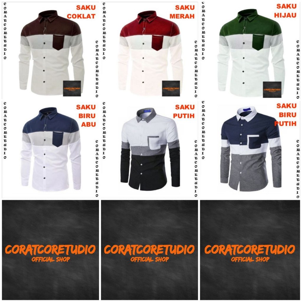 XS S M L XL XXL - Kemeja Pria Hem Cowok Lengan Panjang Kantong Saku Kombinasi PUTIH HITAM ABU BIRU