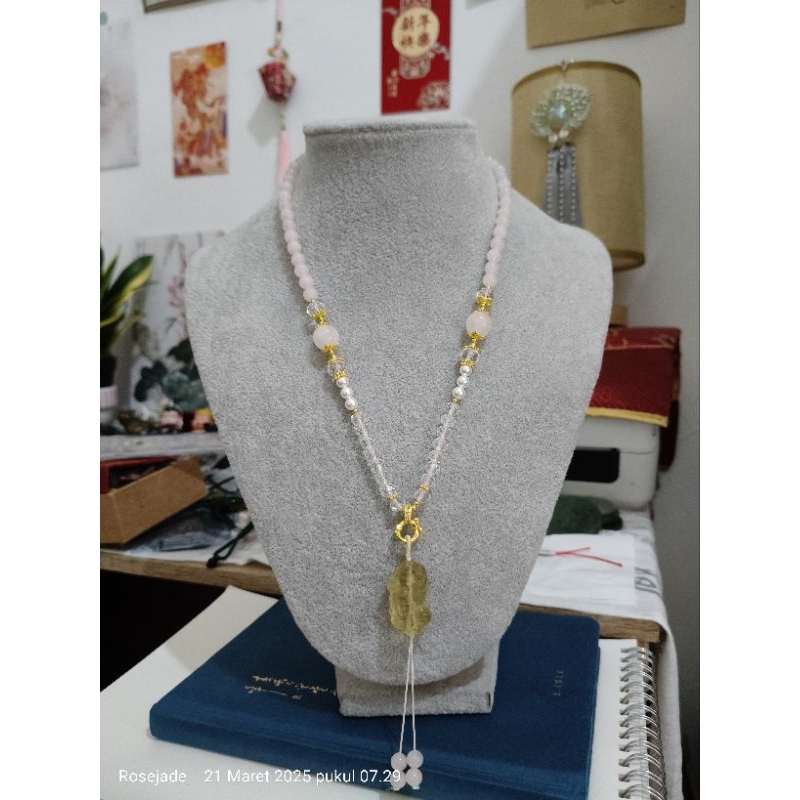 Kalung Rose Quartz + liontin citrine pixiu bersertifikat