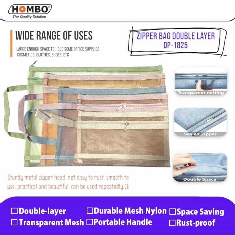 

Zipper Bag Nylon Mesh Transparant DP-1825 / Map Sleting Jaring Double Layer / Zipper Bag With Hand-Held / Bag File Zipper