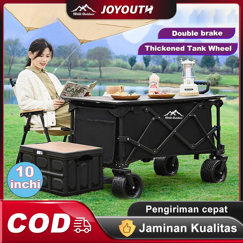 JOY Troli Barang Outdoor Trolley Camp Wagon Keranjang Belanja Brake Troli Piknik Besar Roda Besar