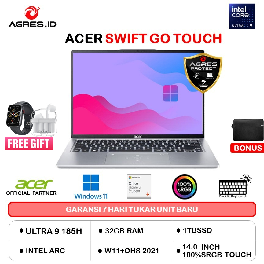 ACER SWIFT GO TOUCH SFG14 ULTRA 9 185H 32GB 1TB W11+OHS 14.0 WUXGA 100SRGB EVO 2Y+ADP -73T.94QB