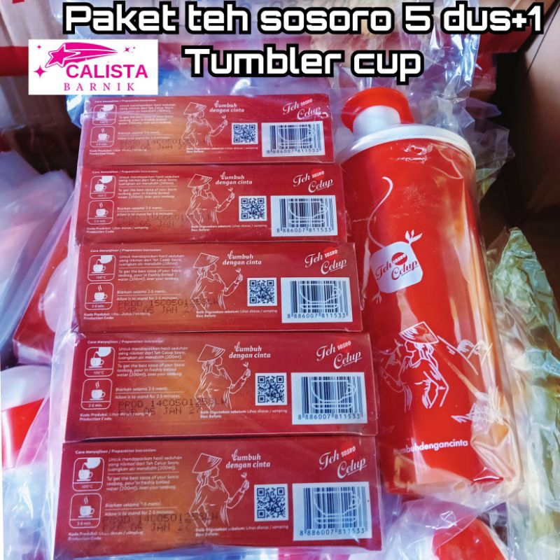 

promo hemat 1 kotak isi 15 sachet teh clup paket 5 kotak teh Sosro gratis 1 Tumbler cup