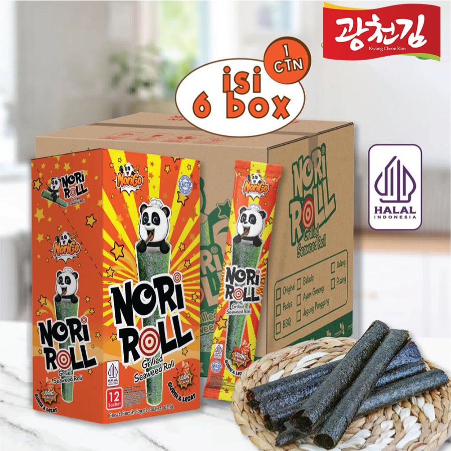 

QH Norigo / Snack Nori Roll Grilled Seaweed Roll 1 KARTON isi 6 BOX (72 Pcs) / Snack Rumput Laut