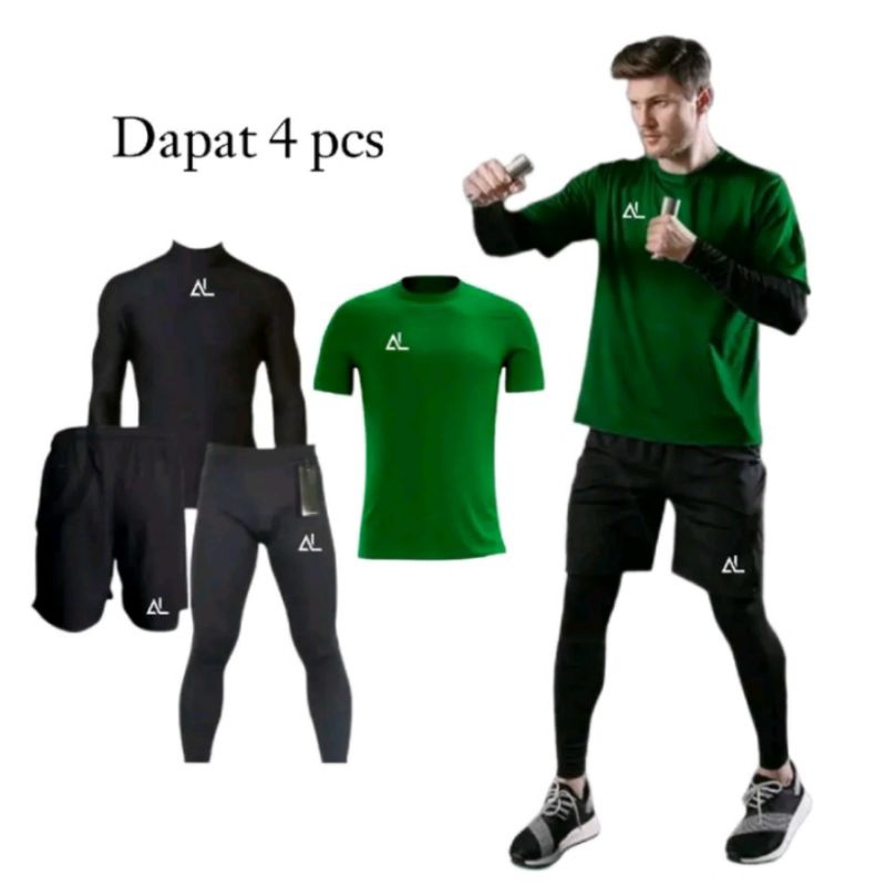 4 IN 1 STELAN OLAHRAGA PRIA BAJU JERSEY CELANA LEGGING BAJU MANSET LENGAN PANJANG DAN CELANA PENDEK 