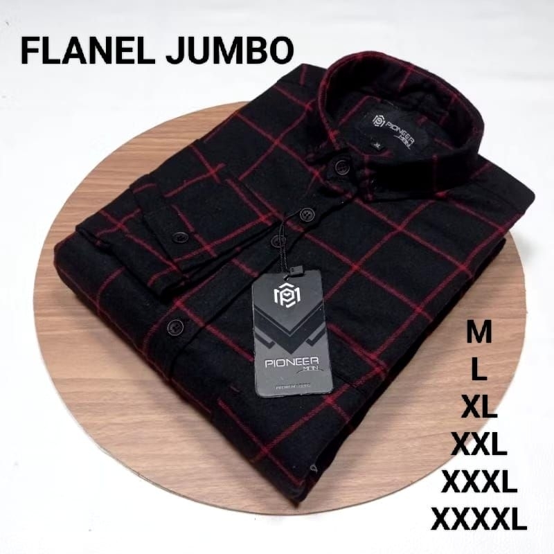 XXL-XXXL-XXXXL Kemeja flanel hitam garis merah pria wanita oversize jumbo lengan panjang
