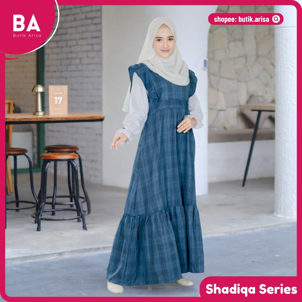 Shadiqa Dress Butik Arisa Gamis Syari Casual Katun Madinah Tartan Ruffle Rempel Bawah Lengan Kerut G