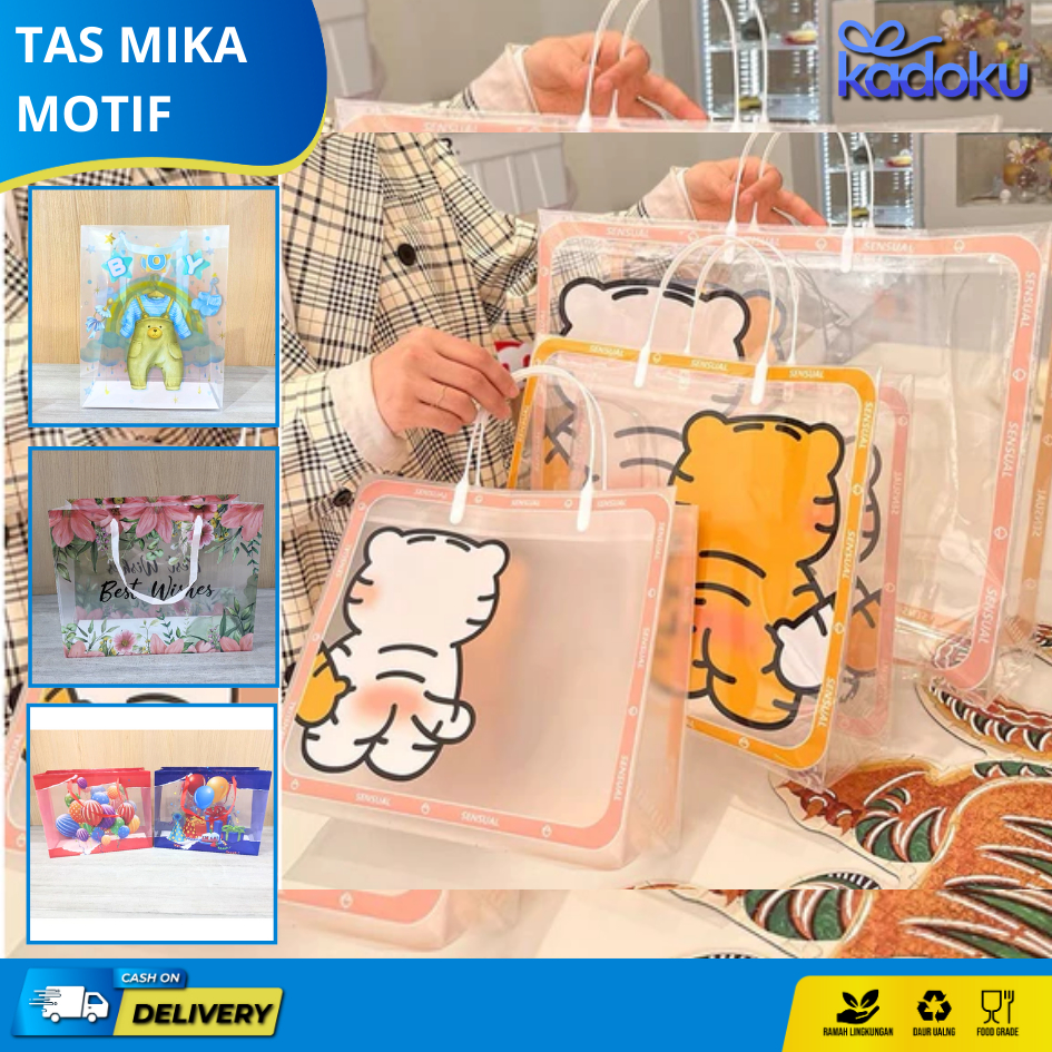 

Tas Mika PVC Transparan Motif/ Tas mika ulang tahun anak / Tas Mika PVC Goodiebag Hampers Tas Buku