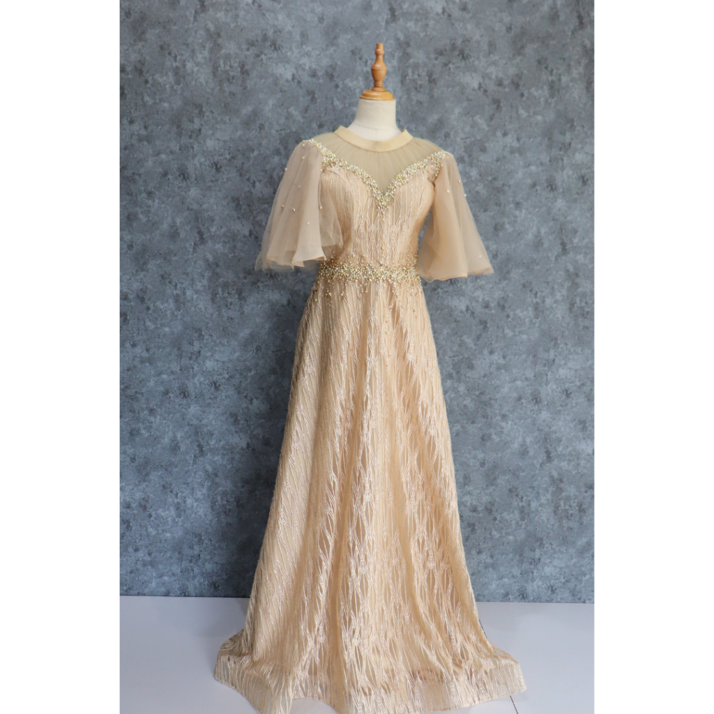 Gold Brukat Tile Prancis Long Dress dengan Kerah Second Preloved