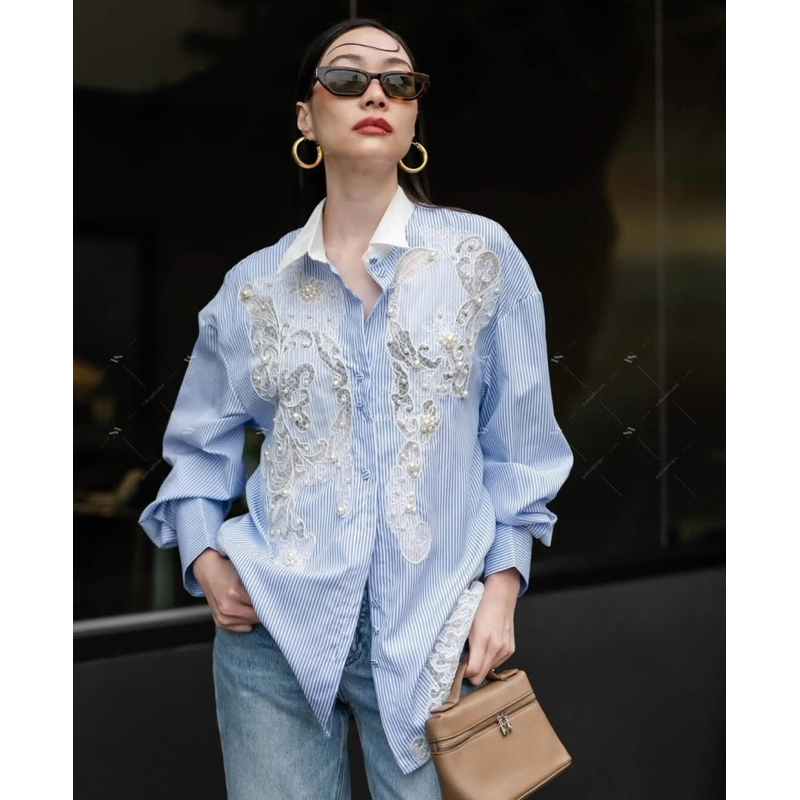 KEMEJA BORDIR PREMIUM BROKAT PAYET MUTIARA ATASAN WANITA KATUN  KANCING DEPAN LENGAN PANJANG BASIC C