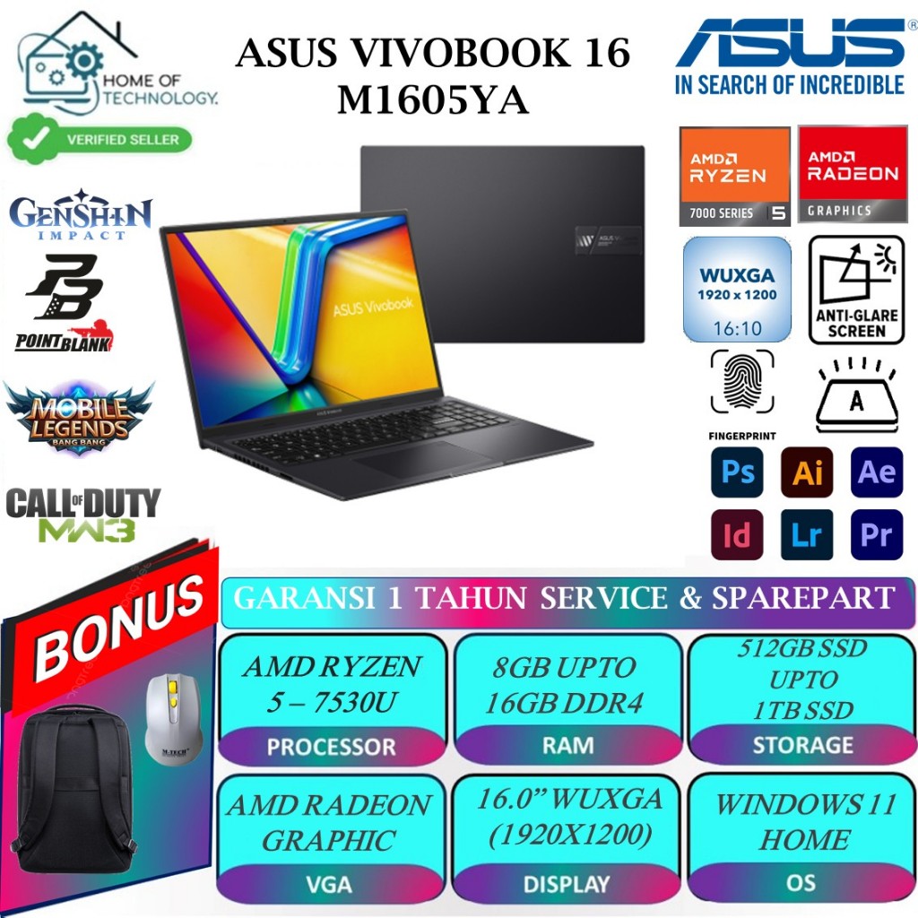 Laptop Slim Asus Vivobook 16 M1605YA Amd Ryzen 5 7530U 24GB 1TB WUXGA IPS BACKLITE FINGERPRINT NEW
