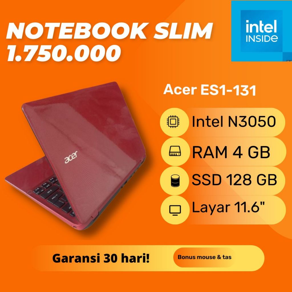Notebook Acer Aspire ES1-131 Slim Warna Merah Intel Celeron N3050 RAM 4GB SSD 128GB Netbook Tipis Re