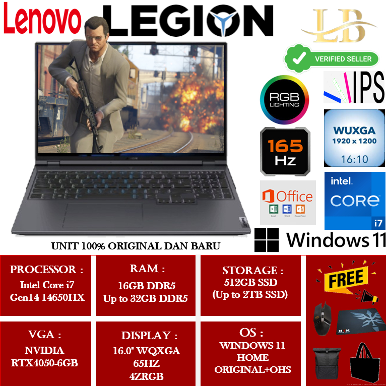 Laptop Gaming Lenovo Legion 5i 16 Intel i7 14650HX 16GB 512GB RTX4050-6GB 16"WUXGA IPS 165Hz +OHS