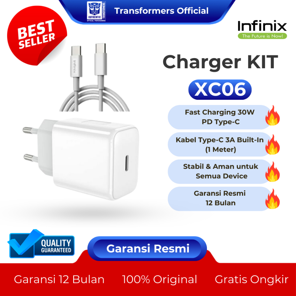 Transformers x Infinix XC06 Charger Kit – Fast Charging 30W, Port Type-C, PD 3.0 & QC 3.0