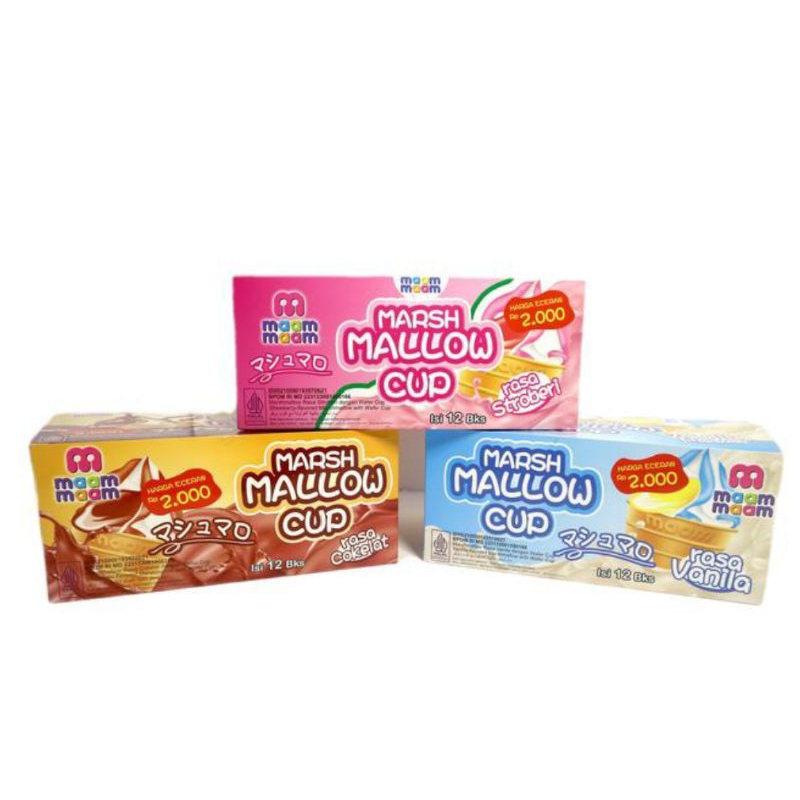 

( 1 BOX ISI 20 ) Maam Maam Marshmallow Cup 17 gr Coklat vanila Strobery