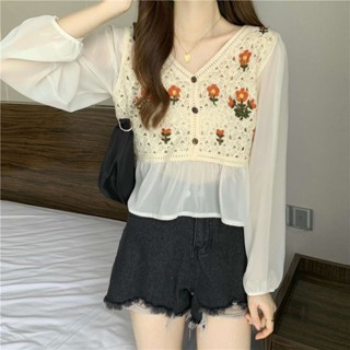 Lengan panjang Sifon Korea Style Blouse Rajut Atasan Bunga2