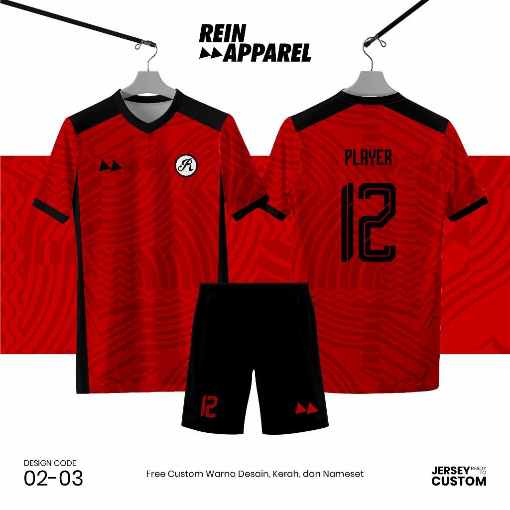 Jersey Bola Futsal Full Printing Kostum Nama/Nomor/Logo - Merah HItam 0203