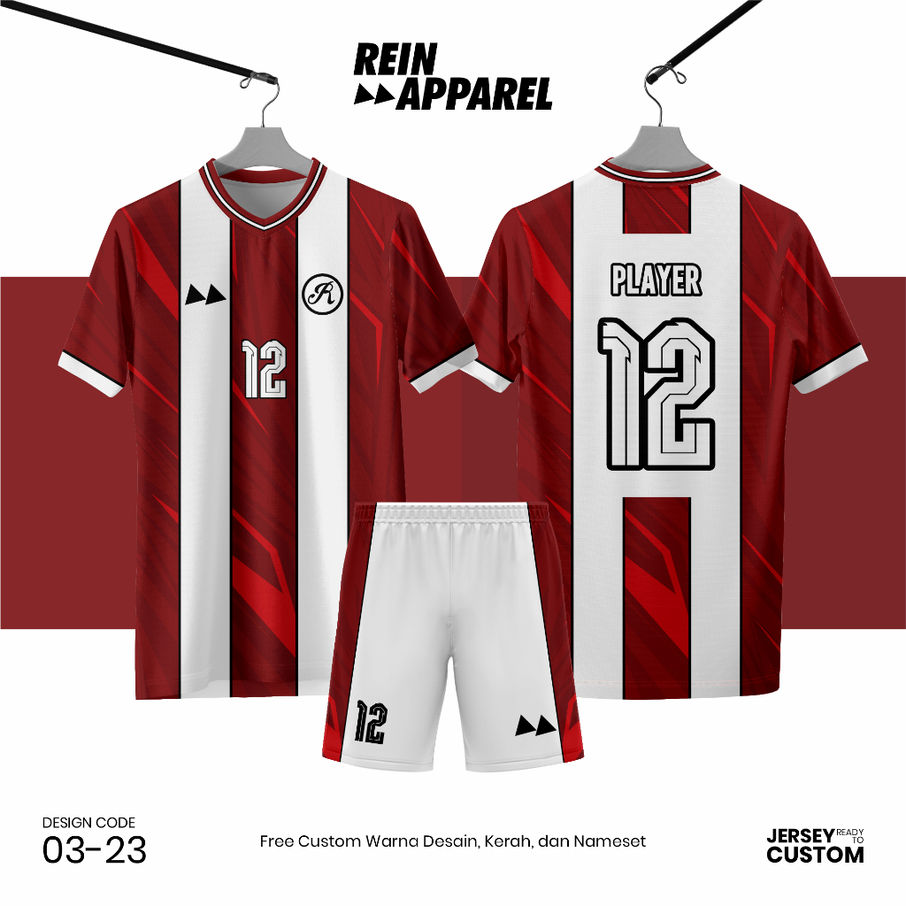 Jersey Bola Futsal Full Printing Kostum Nama/Nomor/Logo - 0323 Merah Maroon Putih