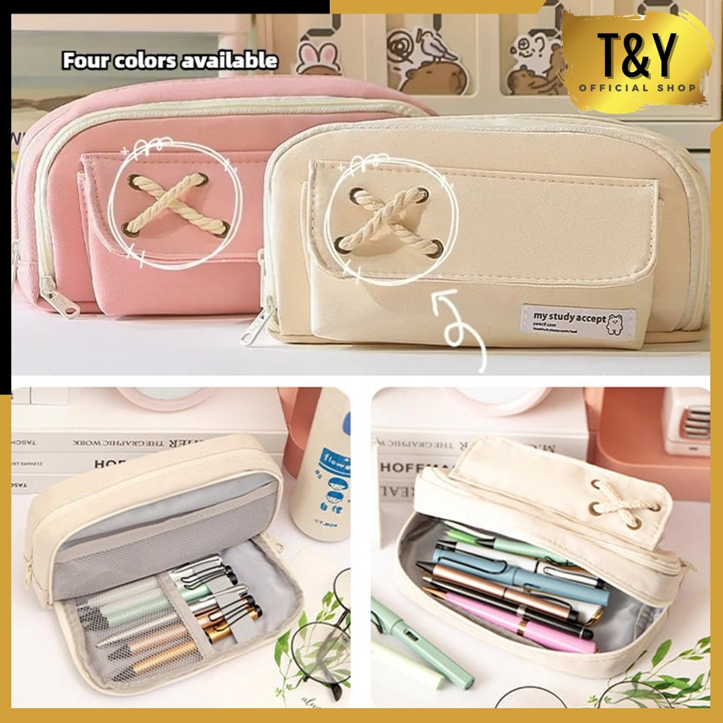 

T&Y Kotak Pensil Tali Rami Ritsleting Ganda Bahan Kanvas Tempat Pensil Model Pita Silang Pouch Tempat Alat Tulis Perlengkapan Sekolah Kantor Dua Sisi Resleting