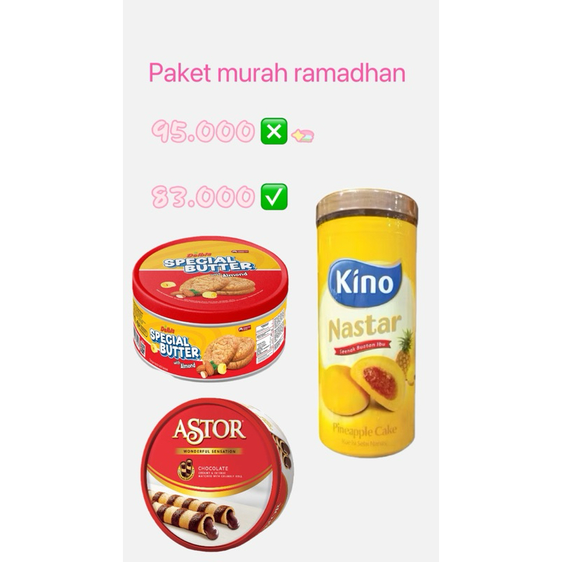 

PAKET MURAH RAMADHAN (Astor , kino nastar , biskuit butter with almond) cuma 83.000