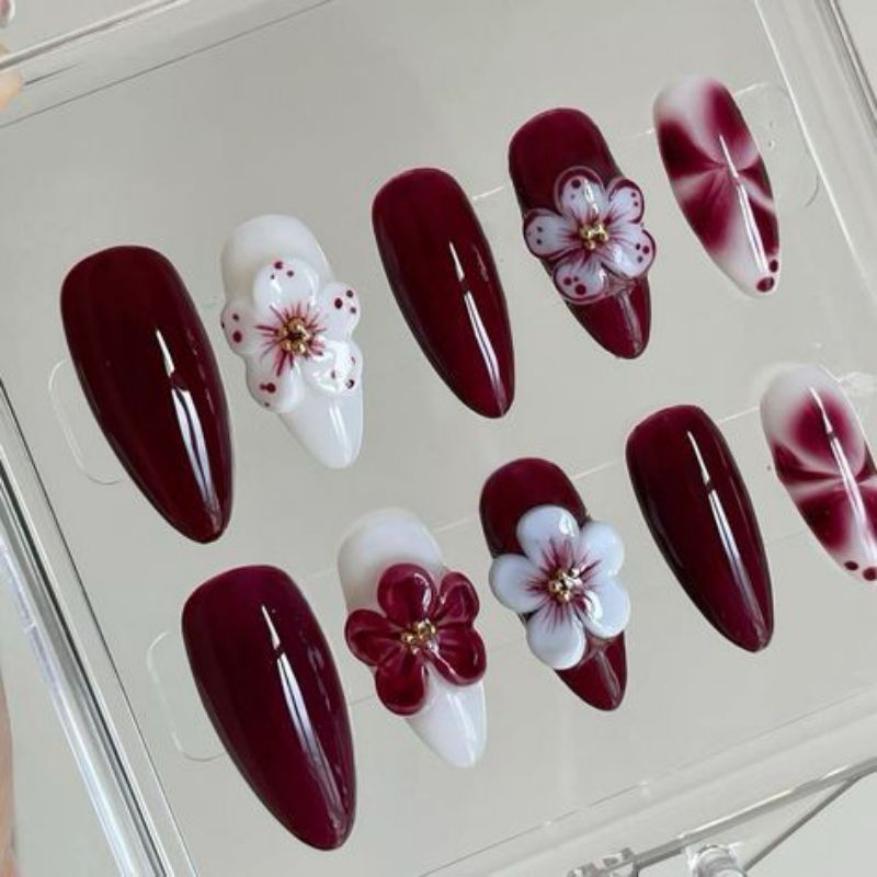 Press On Nails 3d Flower Maroon | 3d Bunga Nail Art Fake Nails Free Lem