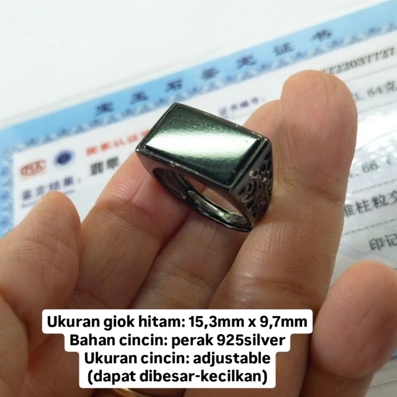 Cincin Giok Hitam 100% Ori/ Black Jadeite Cabochon Premium Adjustable Grade A Bersertifikat 7727