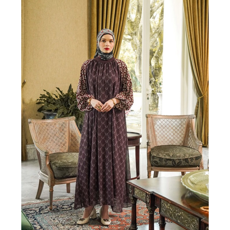 READY KIRIM VZ MONOGRAM LINEAGE DRESS BROWN RAYA COLLECTION VIVI ZUBEDI