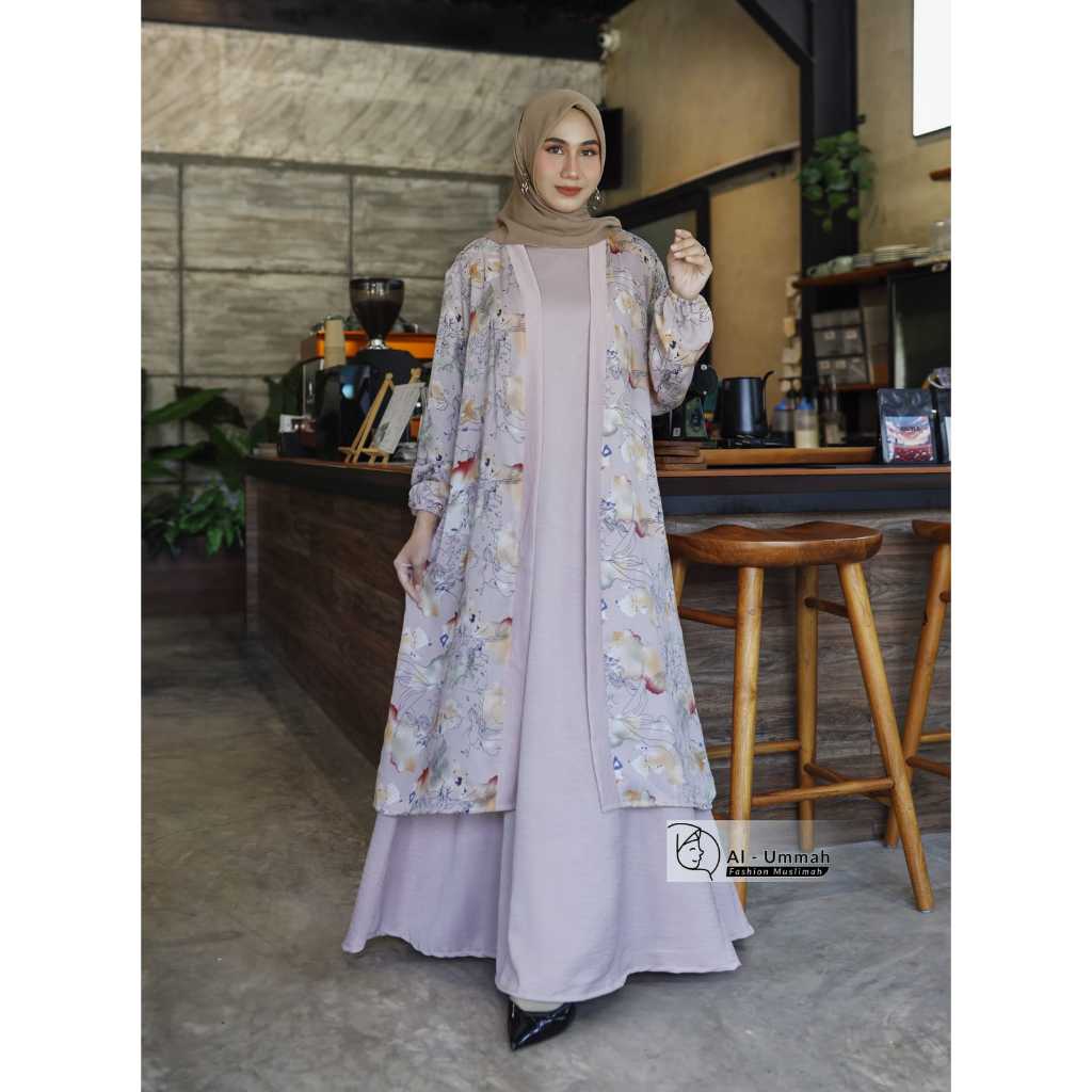Gamis Wanita Outer Dan Inner Set Airflow Baju Perempuan Muslimah Motif Bunga Al Ummah