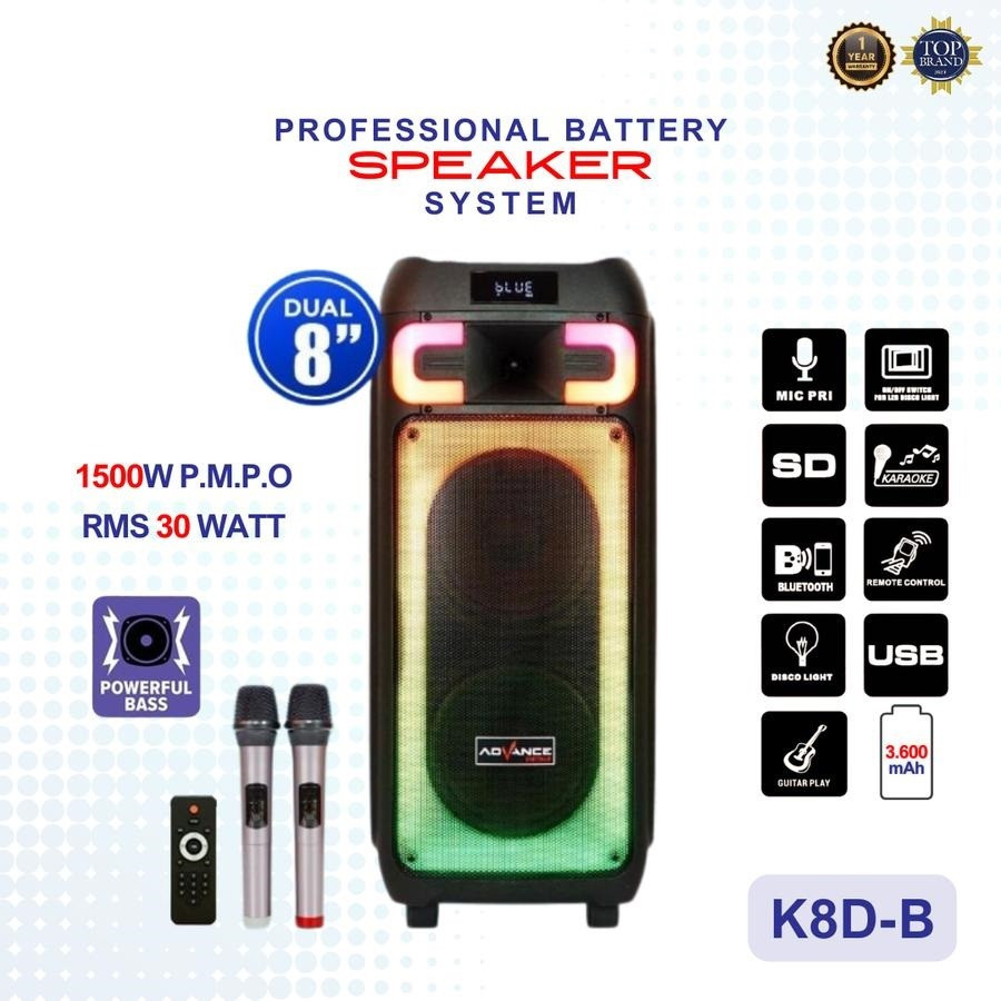 Advance K8D-B K8 D-B Speaker Bluetooh Portable 8" Double Speaker Bass 2 Mic Wireless