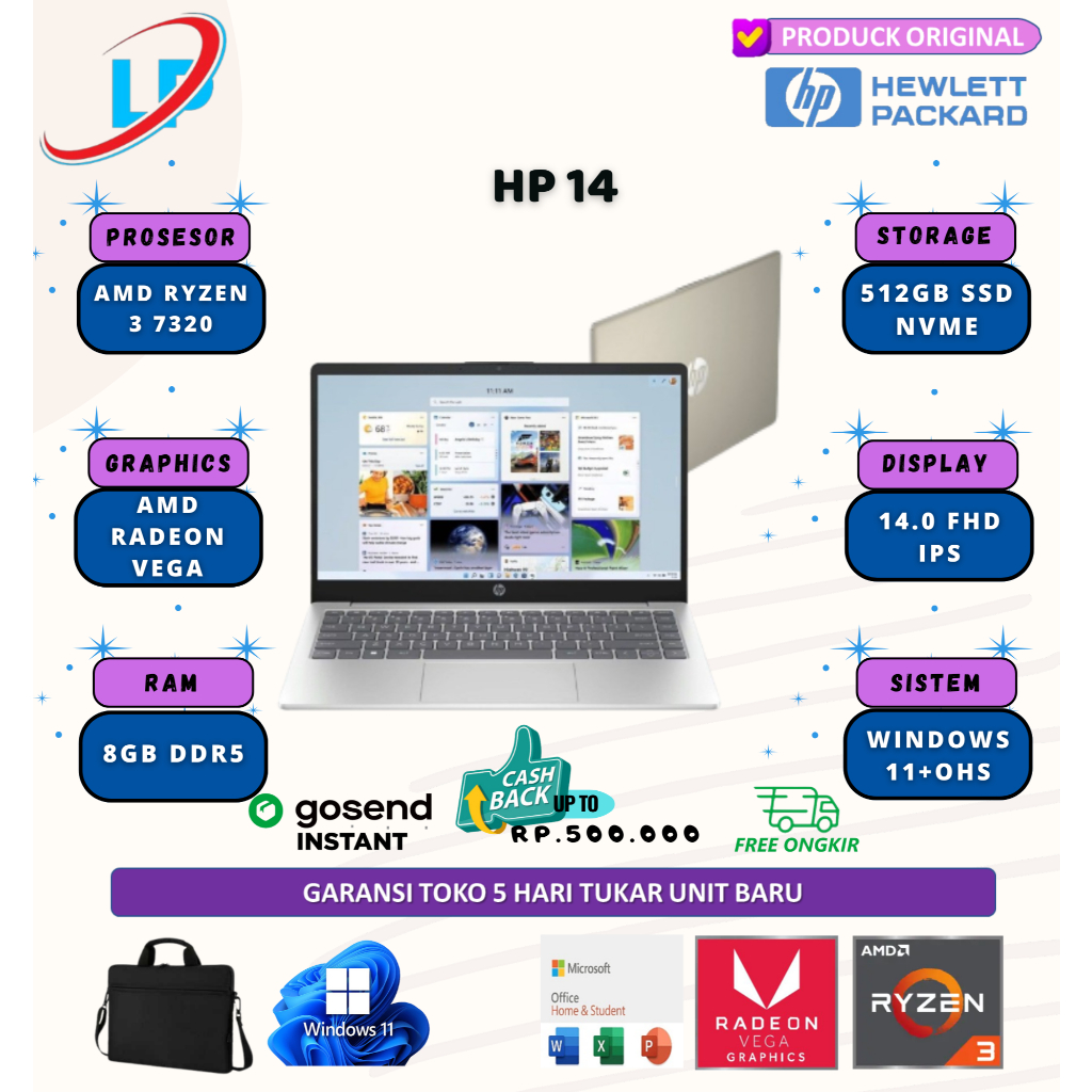 HP 14 ryzen 3 7320 8gb 512gb w11+ohs 14.0 fhd ips