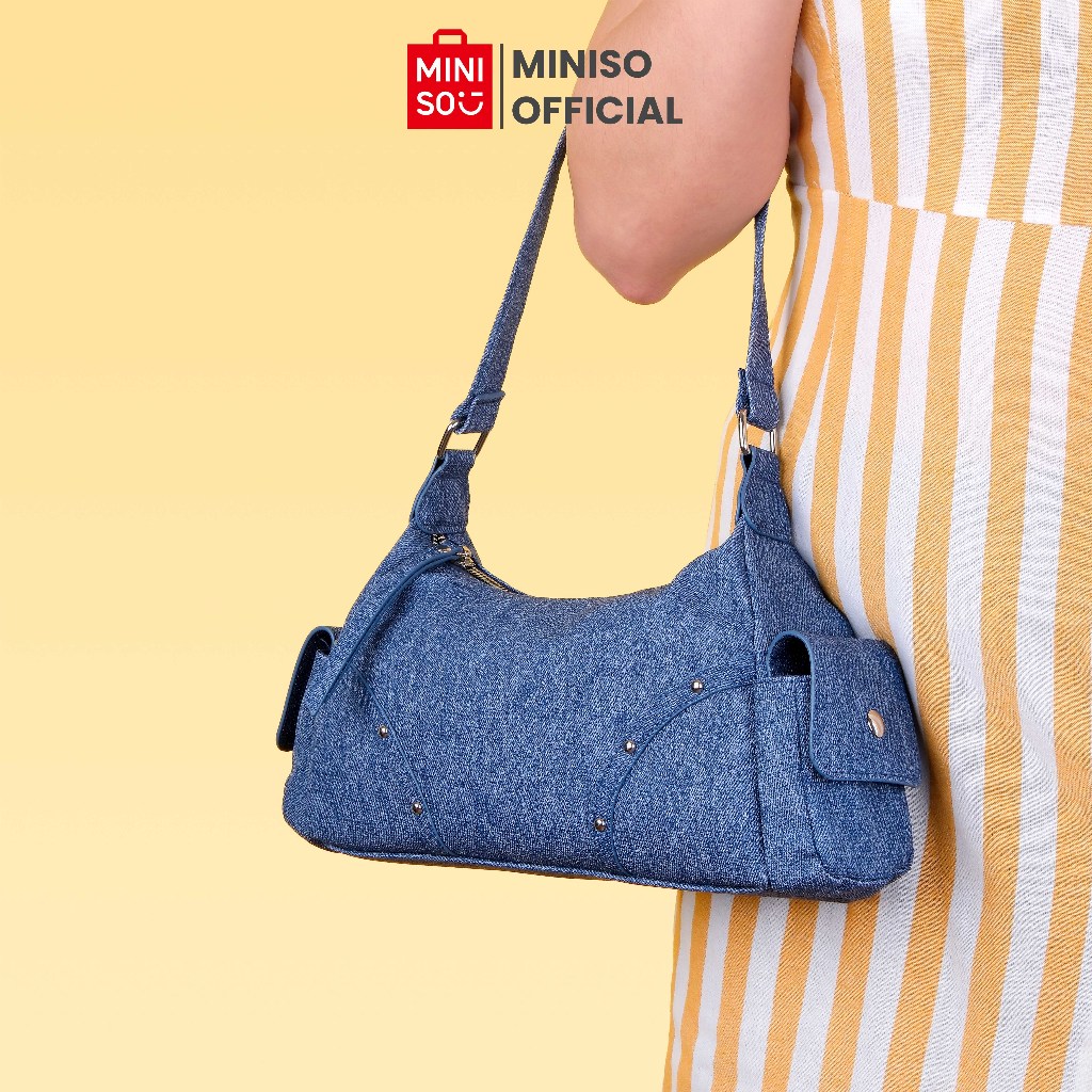 Miniso Shoulder Bag Tas Bahu Handbag Denim Series Gaya Koboi Retro Dekorasi Perangkat Keras Mode Rin