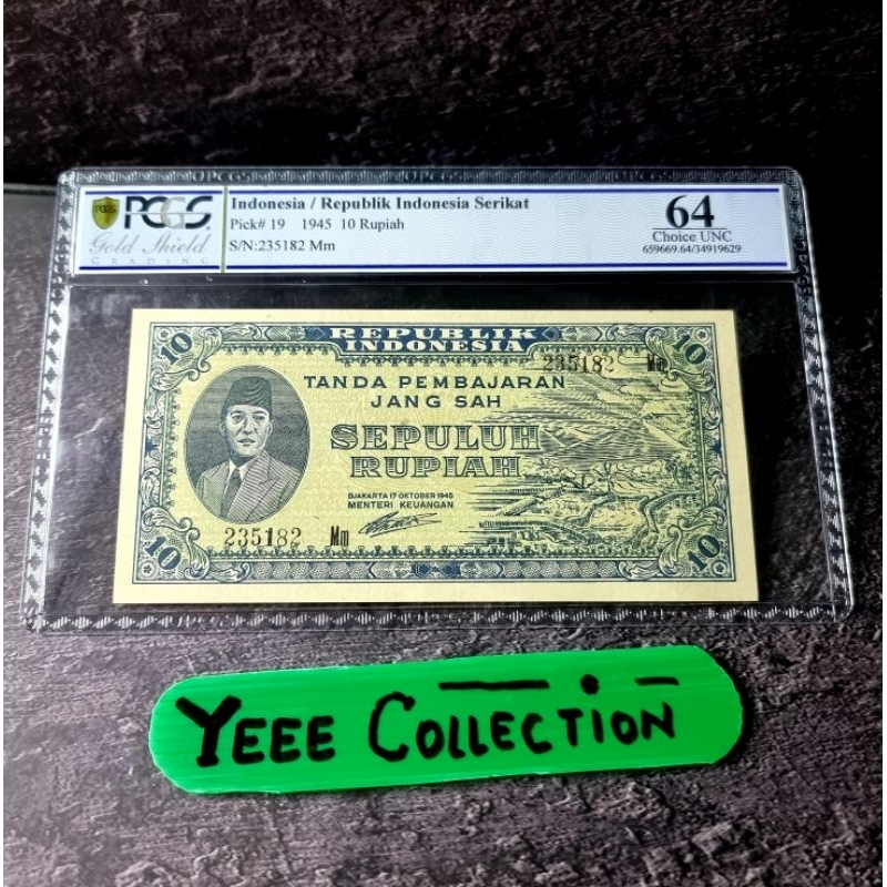 Uang Kertas Kuno ORI 10 Rupiah Soekarno Tahun 1945 PCGS 64 - 235182 Mm