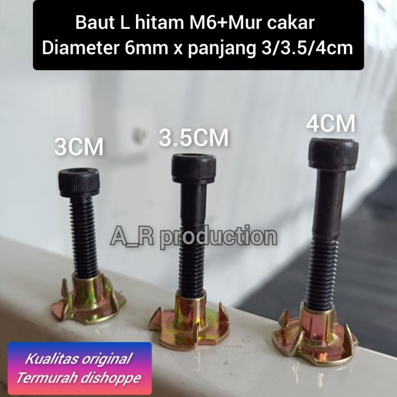 Baut cakar box speaker L hitam M6 panjang 3cm/3.5cm/4cm diameter 6mm kepala bulat cocok untuk speake