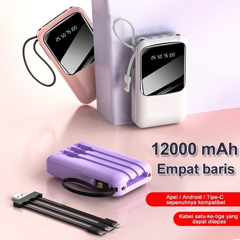 Powerbank 12000 mAh Mini With 4 USB Cable Fast Charging Lightweight Universal Powerbank LED Display