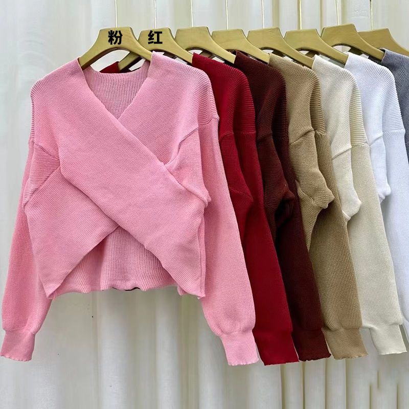 YIU YIU Rajut - Sweater Wanita V-neck Rajut Crop Sexy Baju Rajut Wanita Lengan Panjang Polos