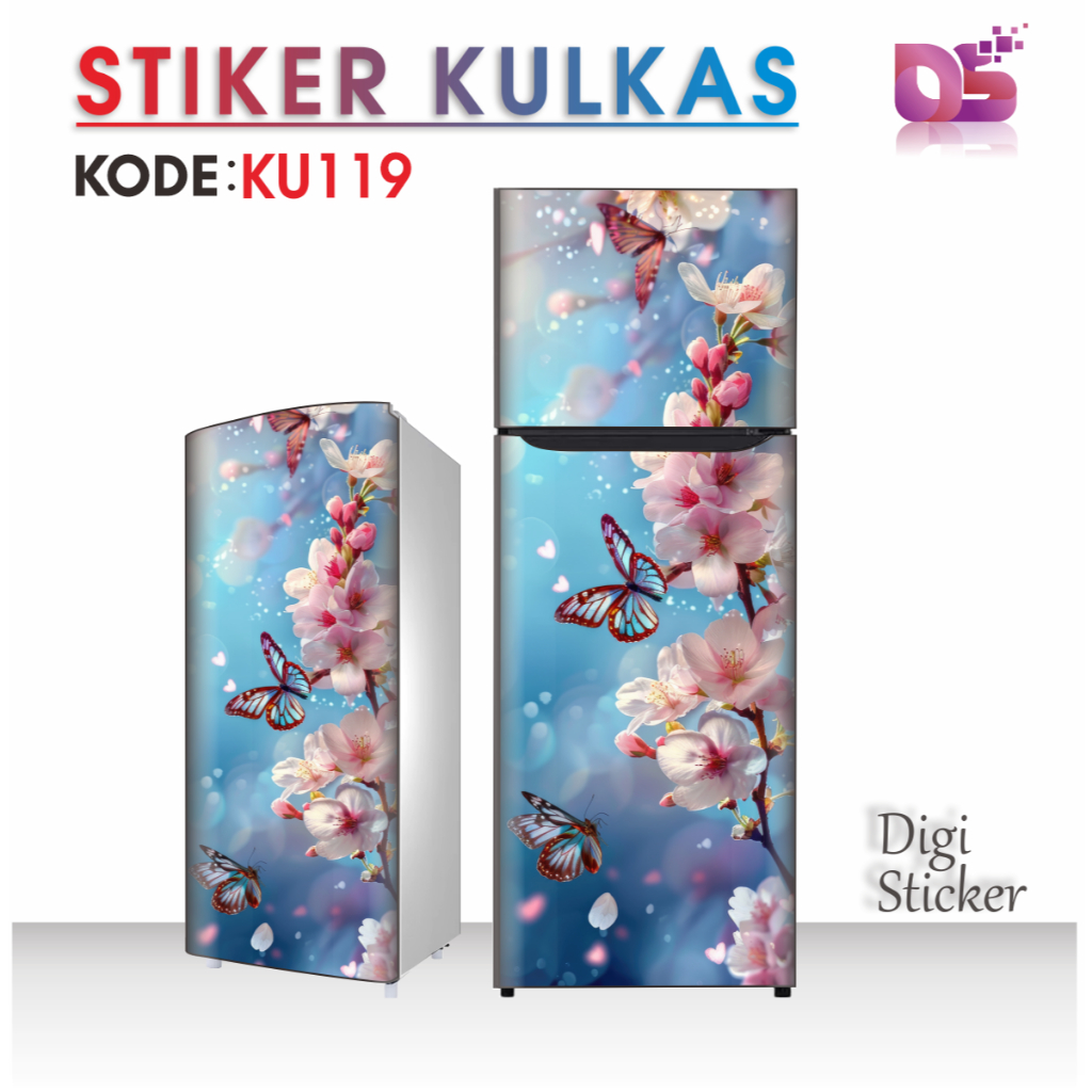 Stiker Premium Kulkas 1 Pintu 2 Pintu Setiker Lemari Es Motif Bunga dan Kupu-Kupu Cantik KU119-125