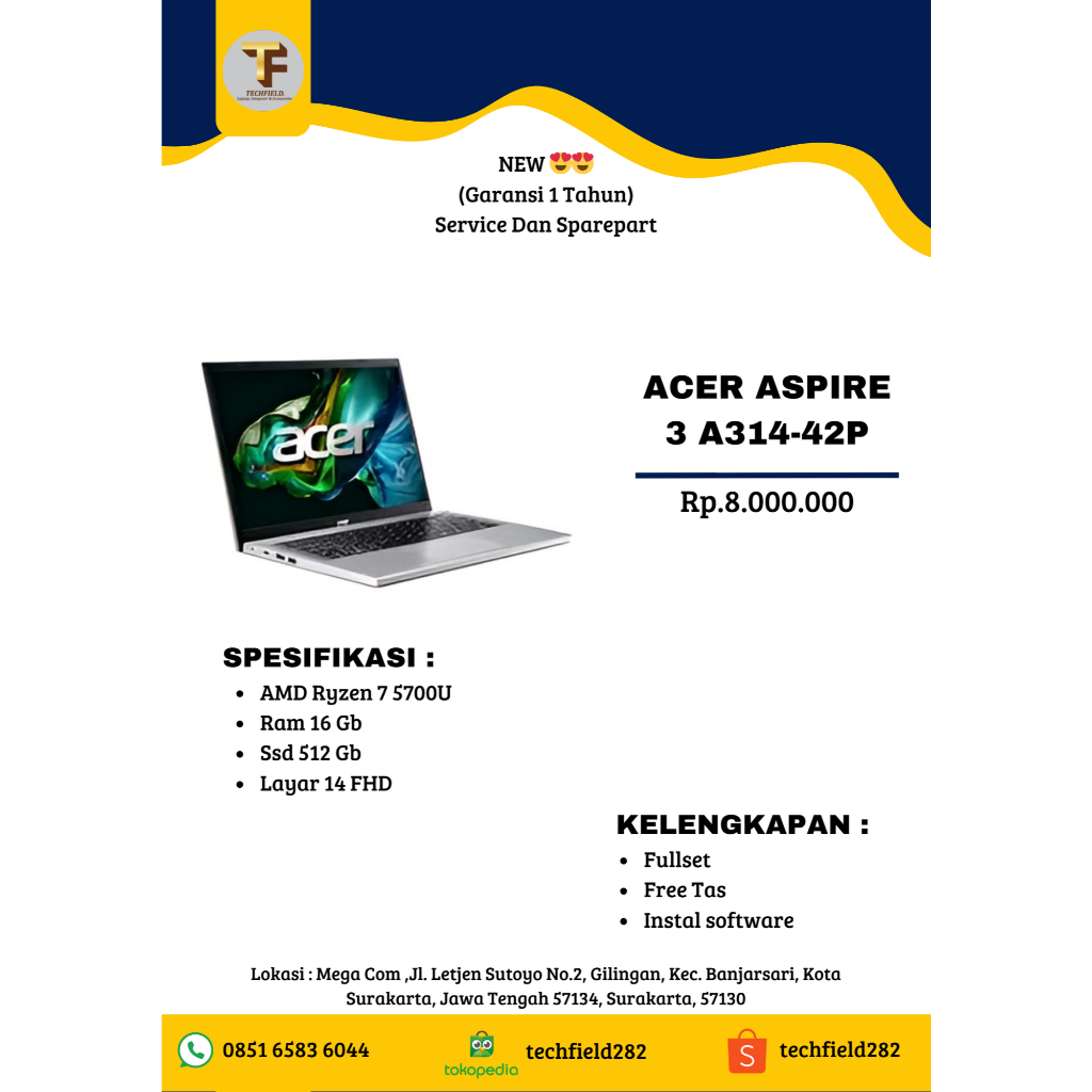 NEW-UNTUK KEBUTUHAN SEKOLAH DAN KERJA KALIAN-ACER ASPIRE 3 A314-42P-RYZEN 7 5700U-16/512