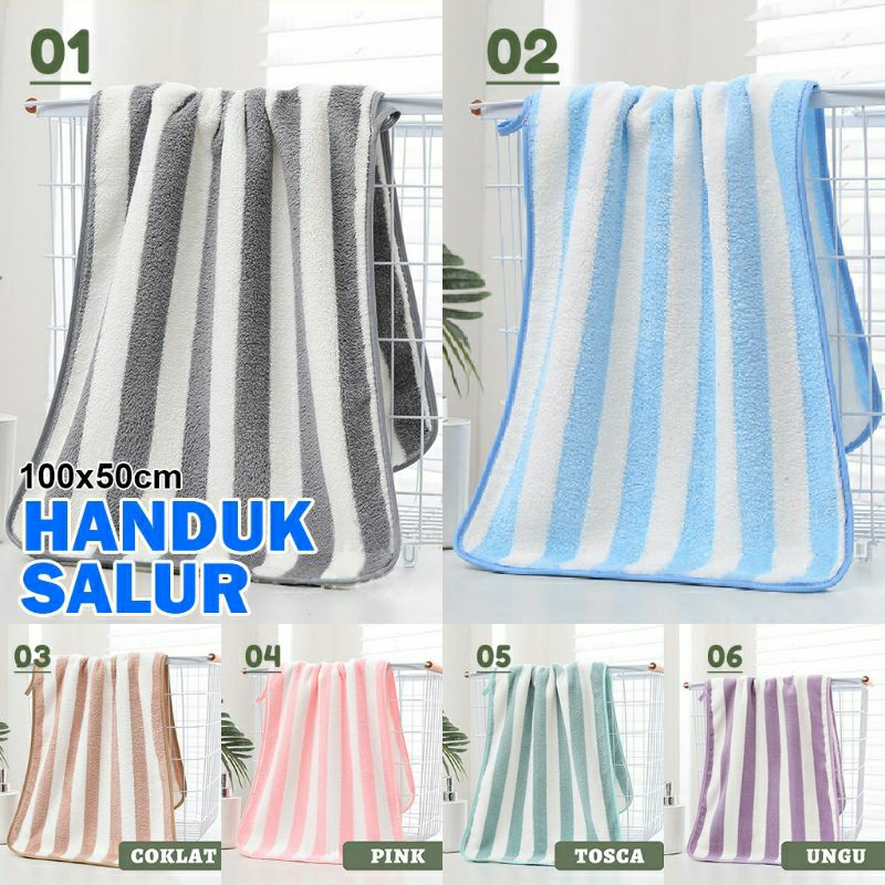 Handuk Salur Polos 100x50cm Microfiber Halus Lembut Handuk Mandi Dewasa Anak-anak