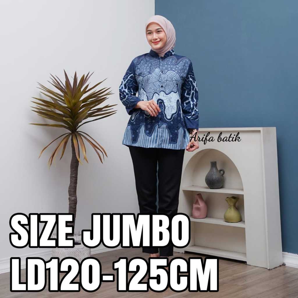 ATASAN BLUS BATIK WANITA JUMBO LD125CM. LENGAN PANJANG BERKERAH FULL KANCING.BATIK KANTOR.BATIK KERJ