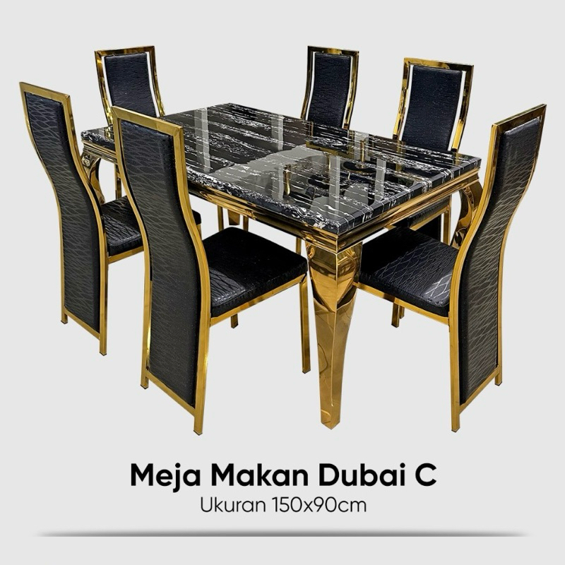 Meja Makan Marmer Set 6 Kursi Makan Kaki Stainless Dubai