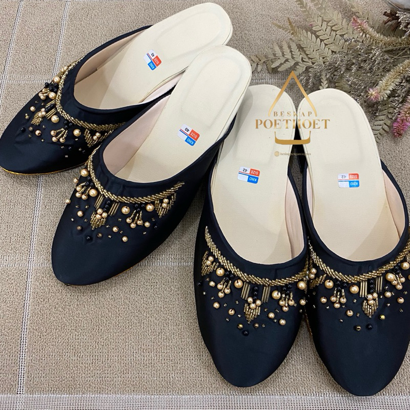 selop pengantin Jawa hitam payet emas gold harga satuan pria dan wanita couple wedding shoes