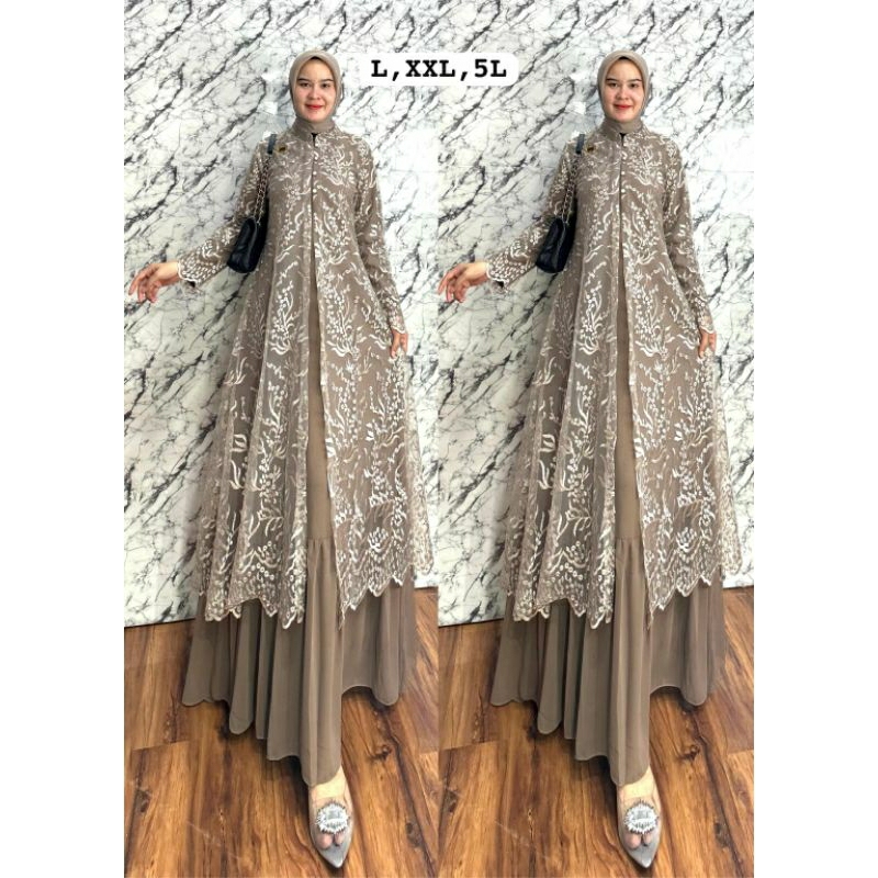 GAMIS 2 IN 1 GAMIS DALAMAN BAHAN CERUTY PREMIUM FULL FURING + OUTER BROKAT BORDIR PREMIUM