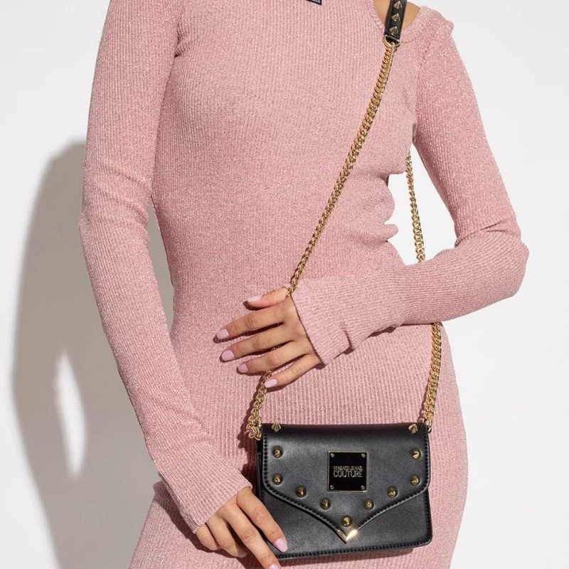 [New] Versace Jeans Couture Studs Revolution C Black Classic Crossbody Chain Mini HandBag