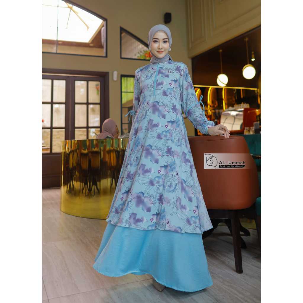 Gamis Wanita Malaysia Melayu Airflow Premium Motif Biru Wardah Baju Perempuan Muslimah Al Ummah