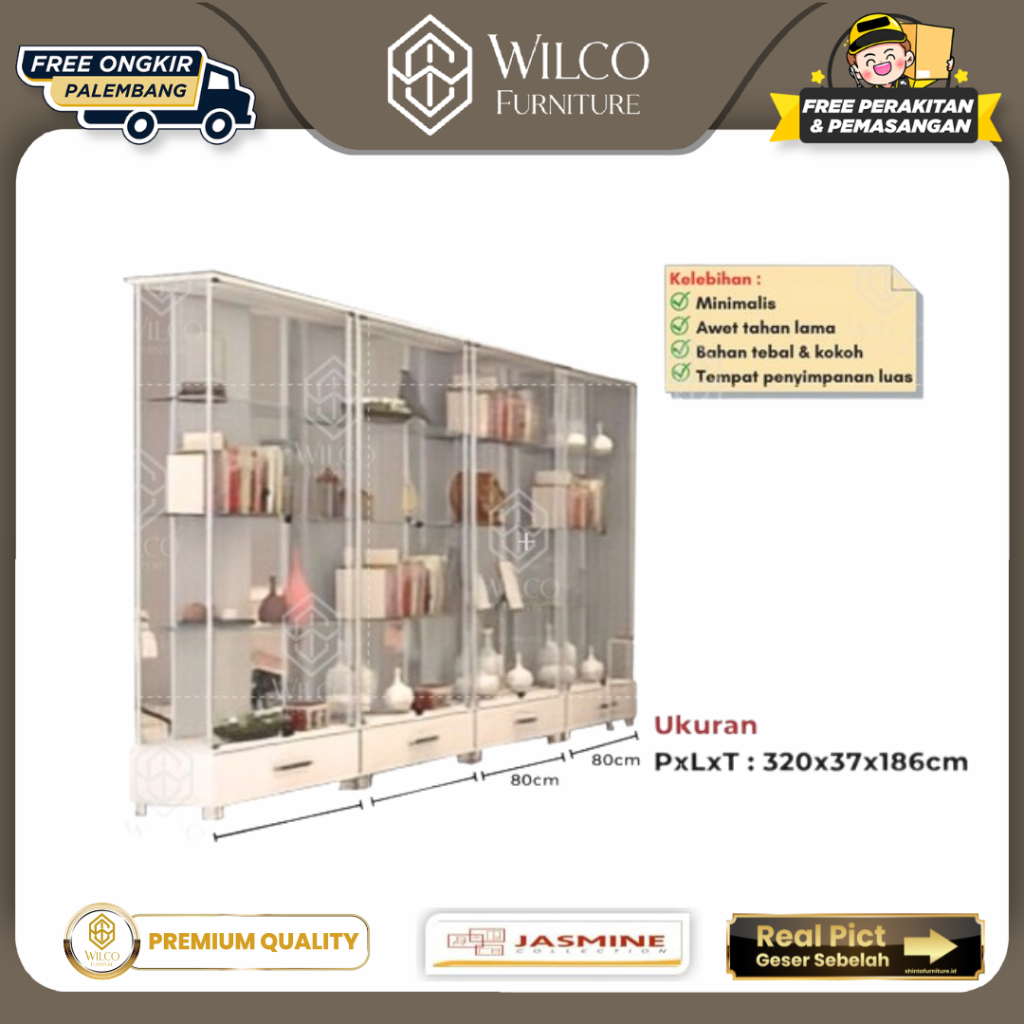 Lemari Hias Kaca 4 Pintu Jasmine Panjang 320cm / Partisi Wall Divider