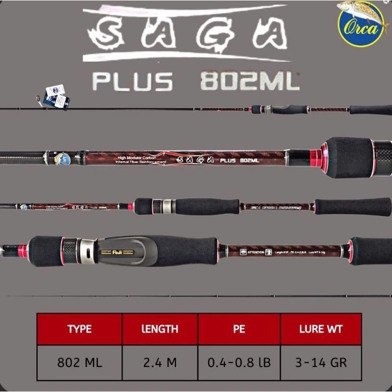 Joran Orca Saga 802 ML  PE 0.4 - 0.8 Carbon Hollow High Modulus Fuji dan non Fuji