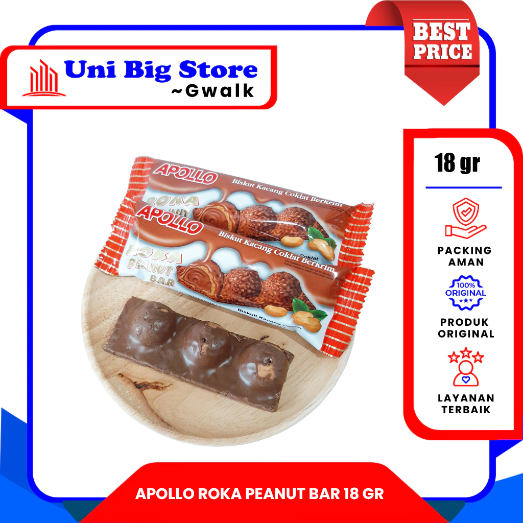 

APOLLO ROKA PEANUT BAR WAFER SALUT COKLAT KACANG ECER - 18 gr
