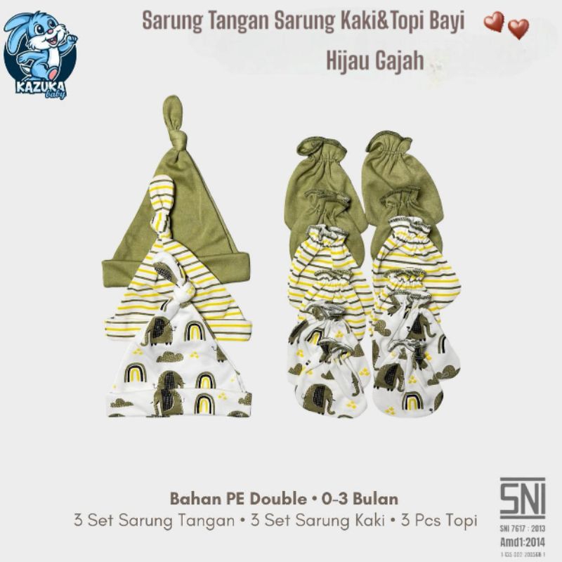 3PasangSarungTanganSarungKakiBayi/3PasangTopiBayiNewbornSeriesWarnaHijauGajahBayiBaruLahir