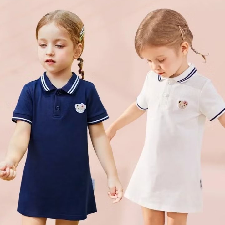 LaRubi - Dress Polo teddy bear lengan pendek anak bayi perempuan 6 9 12 18 24 bulan 1 2 3 tahun biru